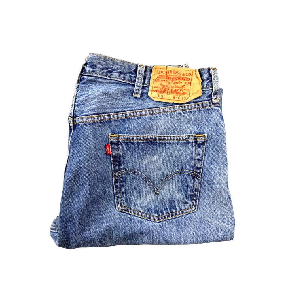 Levis 501 Mens Blue Denim Jeans Straight Leg Button Fly W40 L38 Distressed 0194